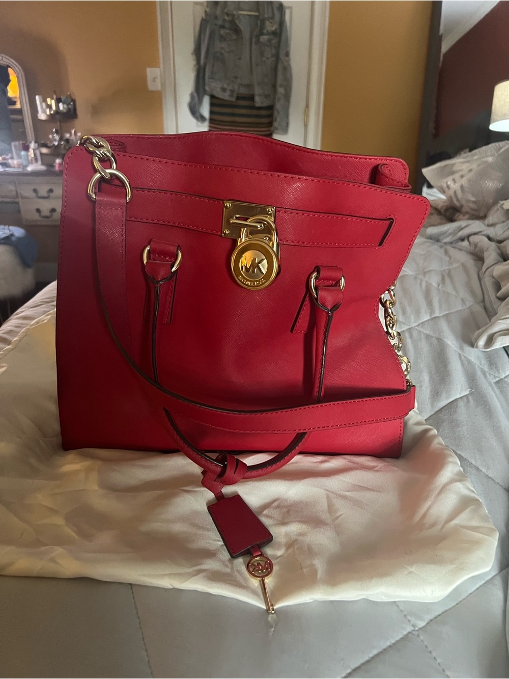 Michael Kors Bright Red Leather Tote with Gold-Tone Accents